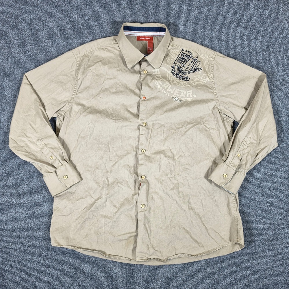 Y2K Jay Z Rocawear Mens 2XL Tan Graphic Button Down Shirt Long Sleeve Streetwear